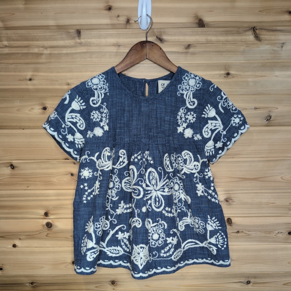 Sea New York Blue Embroidered Floral‎ Butterfly Cotton Blouse Top Size 0